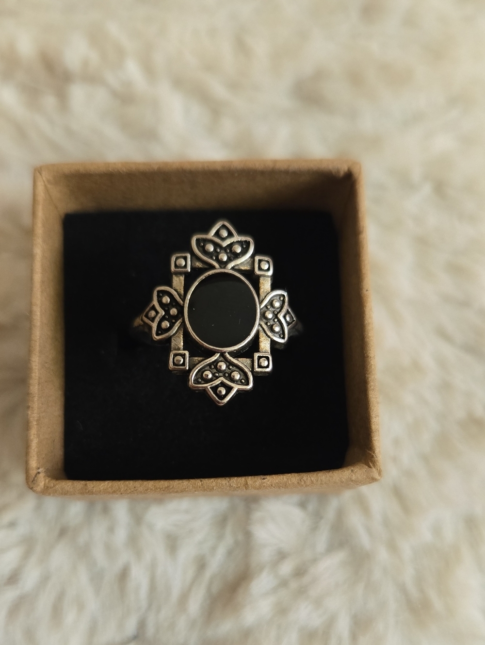 Silver-Tone Black Stone Floral Frame Ring - Women Jewelry